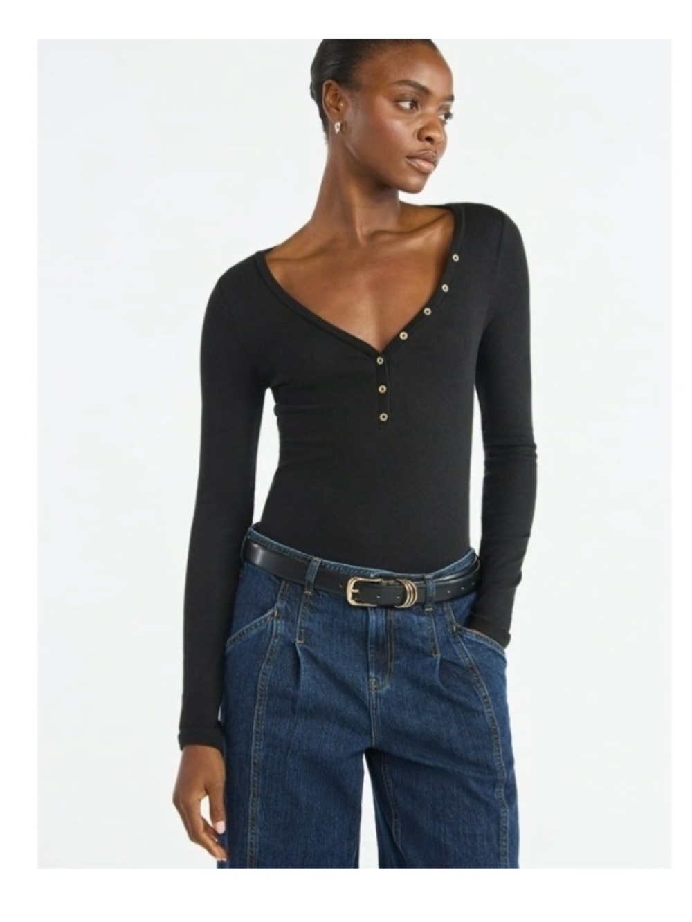 Scoop Long Sleeve Button V-Neck Top - Black